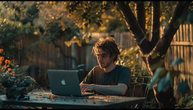 Photo man is focused on his laptop in a serene outdoor setting surrounded by nature and sunlight aig58