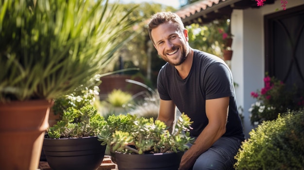 Man is gardening by caring for plants in his plot of land