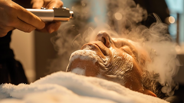 Photo a man is getting a hot towel shave at a barbershop the barber is using a straight razor to shave the mans face