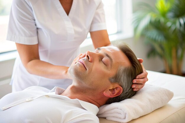 Photo a man is getting a massage with a woman in the background