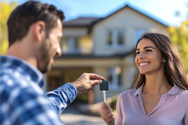 Photo a man is giving a car keys to a woman