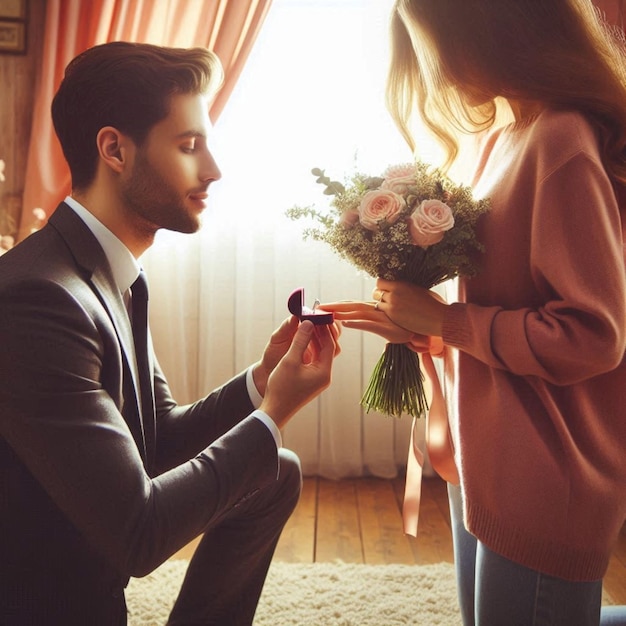 a man is giving a flower to a woman