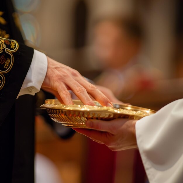 A man is giving a gold tray to another man