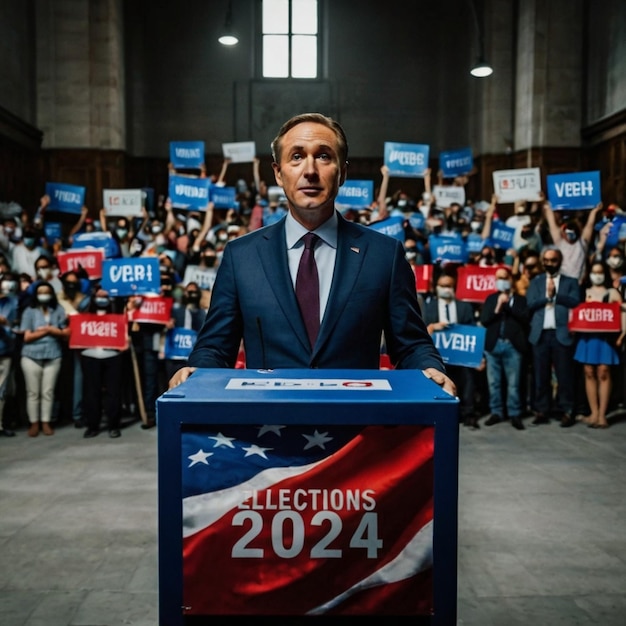 a man is giving a speech at a political rally