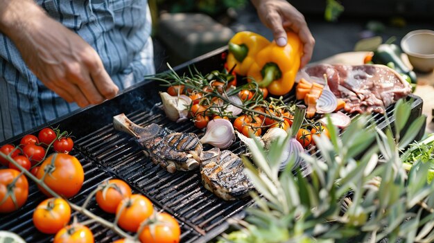 Photo a man is grilling vegetables with a squash on it