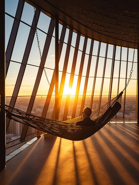 A man is in a hammock in front of a window with the sun setting behind him.