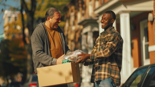 a man is handing a box of food to another man