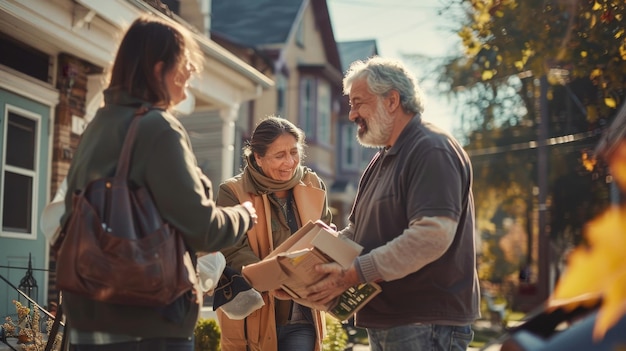 Photo a man is handing a box to a woman