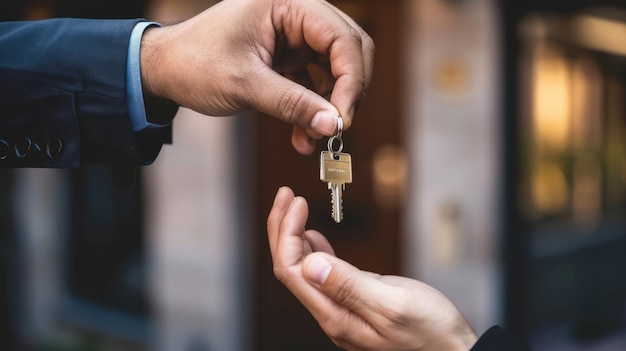 Photo a man is handing a key to a woman