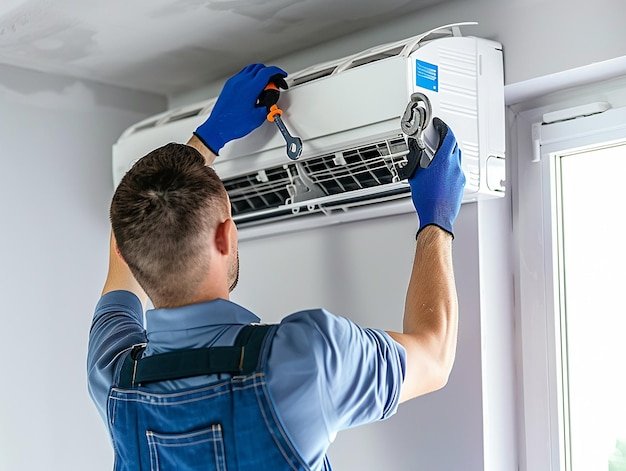 a man is hanging a rack with a blue glove on it