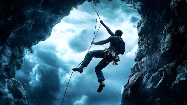 Photo a man is hanging on a rope above a cave with a rope that has a rope tied to it