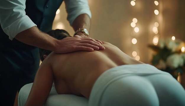 a man is helping a woman with a towel on his back