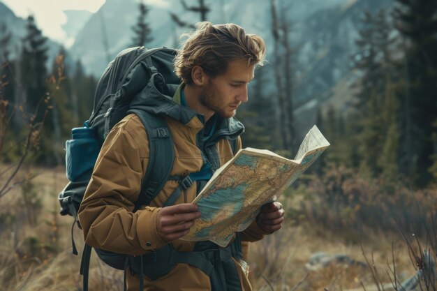 Photo a man is hiking in the forest reading a map exploring nature in an outdoor adventure aig62