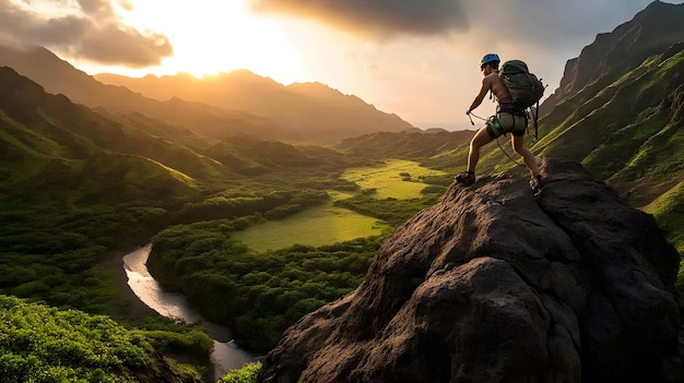 a man is hiking on a mountain with a backpack on his back