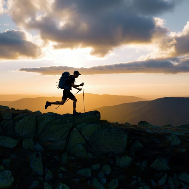 a man is hiking up a mountain with a mountain in the background