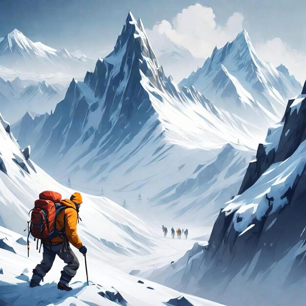 a man is hiking up a snowy mountain with a group of people on the back