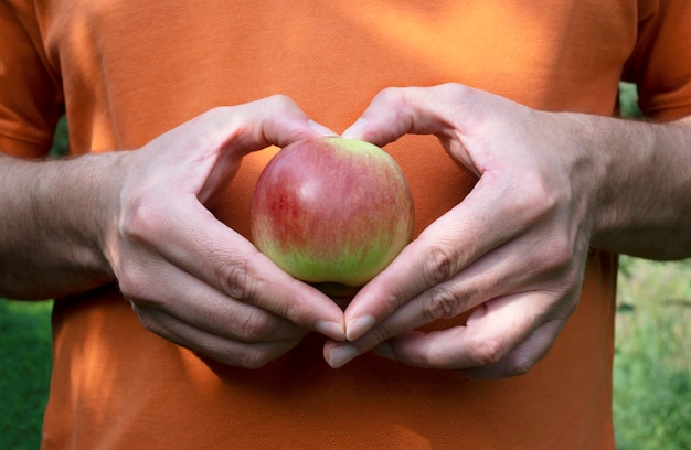 A man is holding an apple in his hands.