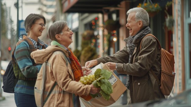 Photo a man is holding a bag with a woman holding a bag of grapes