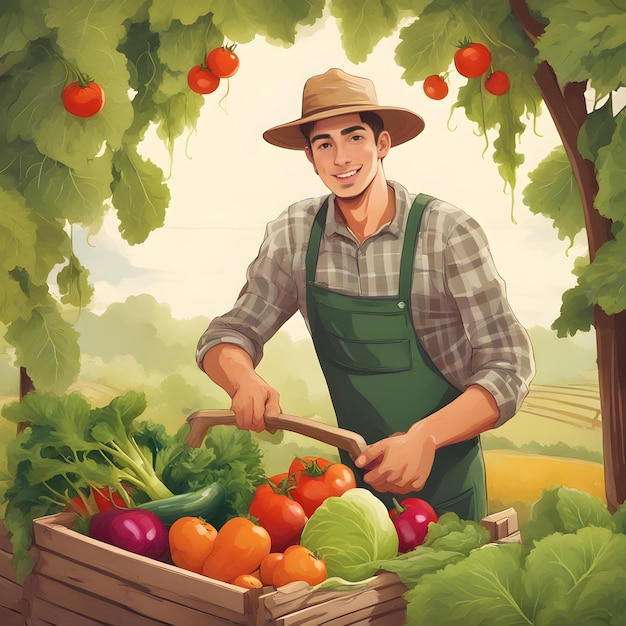 a man is holding a basket of vegetables and a basket of tomatoes