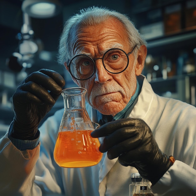 Photo a man is holding a beaker with a beaker that says quot test quot