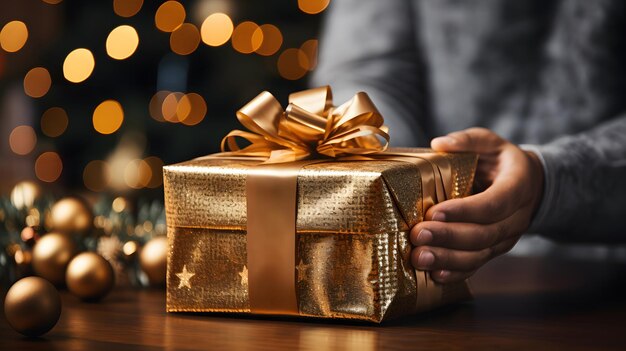 Man is holding a beautiful wrapped Christmas gift holiday season Generative AI