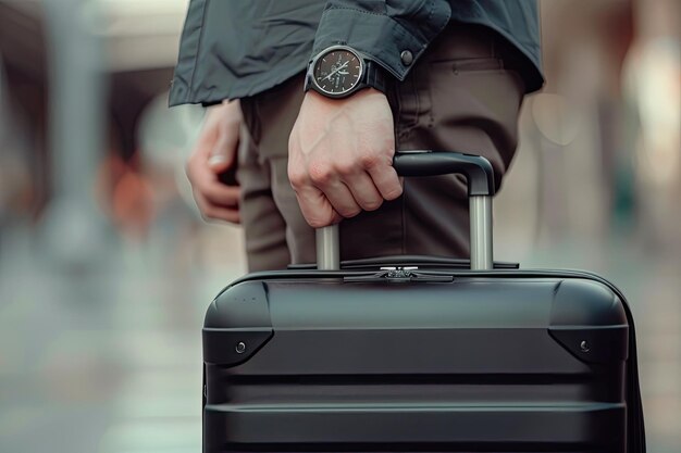 A man is holding a black suitcase with a watch on his wrist