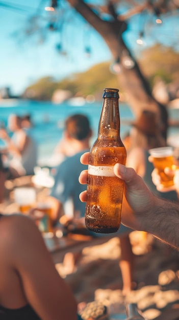 A man is holding a bottle of beer He is surrounded by people and the atmosphere is relaxed and casual