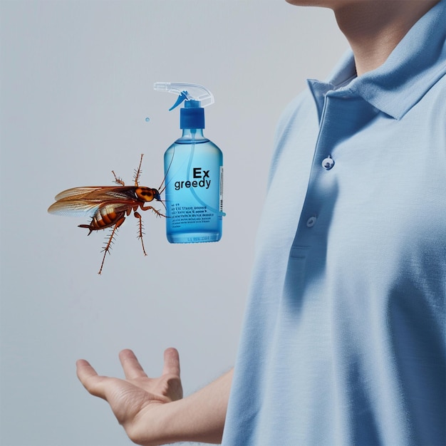 Photo a man is holding a bottle of an exclamar and a fly