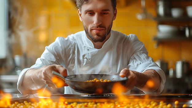 Photo a man is holding a bowl of corn by a fire