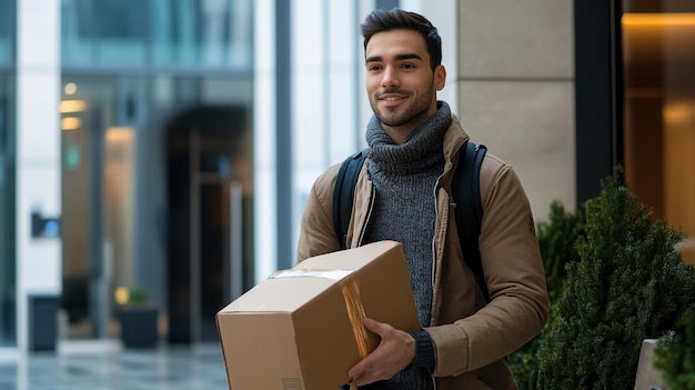 a man is holding a box that says  a  on it