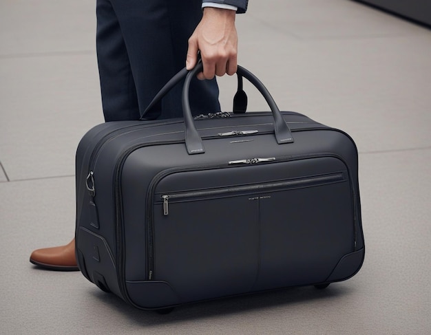 a man is holding a briefcase that says  dell  on it