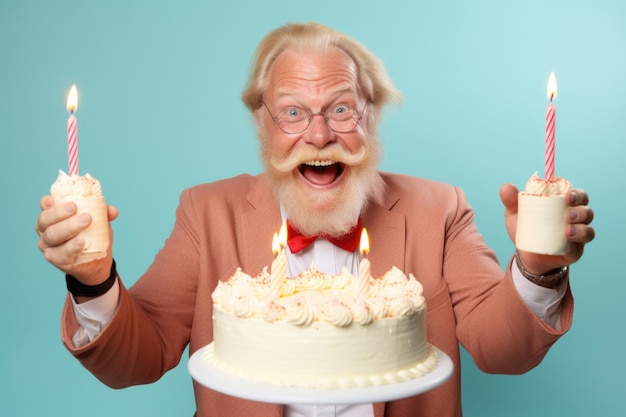 A man is holding a cake with lit candles on it Perfect for celebrating birthdays and special occasions