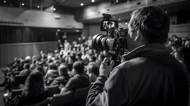 Photo a man is holding a camera and a camera in front of a large audience