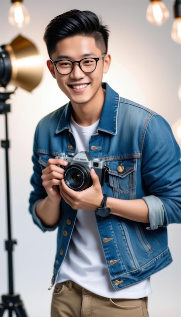 a man is holding a camera and smiling