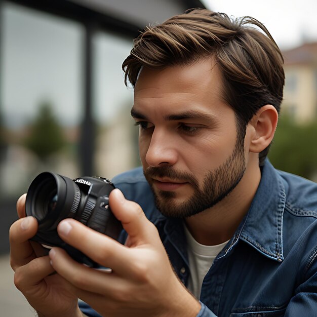 Photo a man is holding a camera that has the word  the word  on it