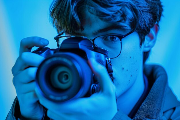 Photo a man is holding a camera with a blue background