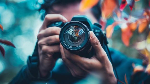 a man is holding a camera with the reflection of a tree on it