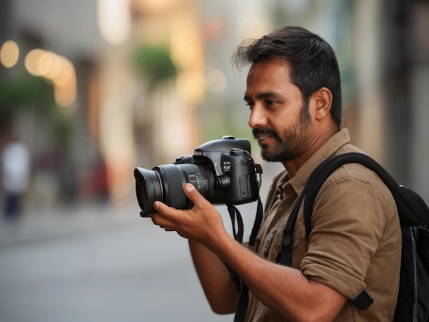 a man is holding a camera with the word canon on it