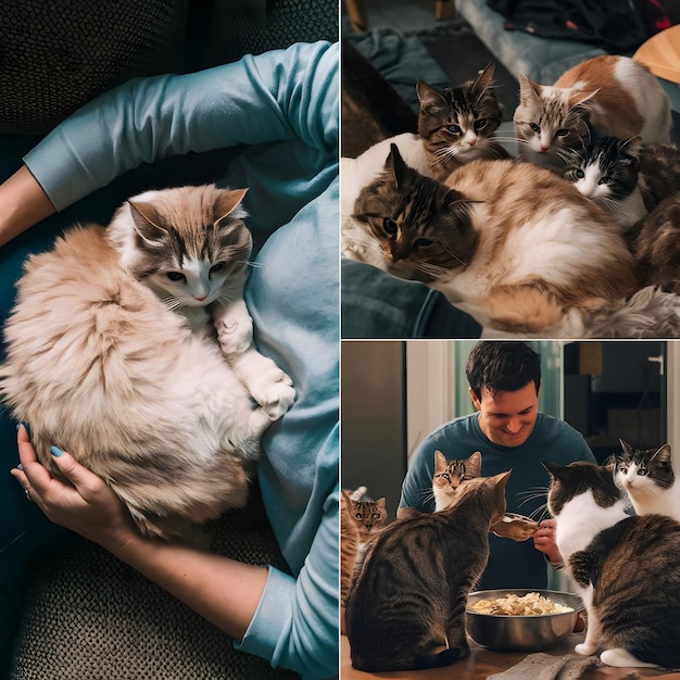 a man is holding a cat with two cats on his lap