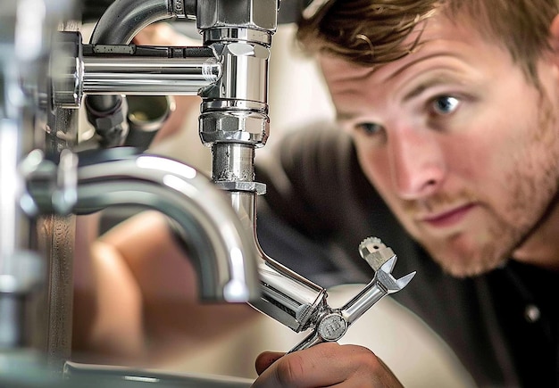 a man is holding a faucet that is made of metal