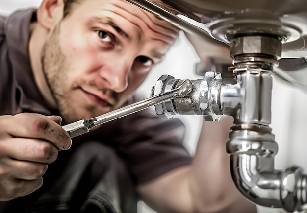 Photo a man is holding a faucet with the word quot on it