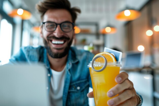 Photo a man is holding a glass of orange juice and smiling