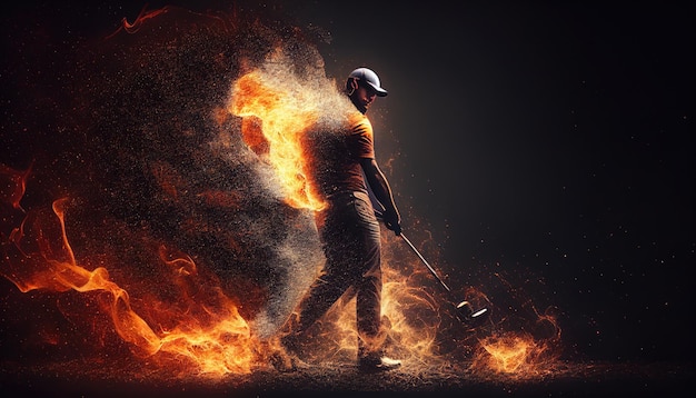 A man is holding a golf club in flames