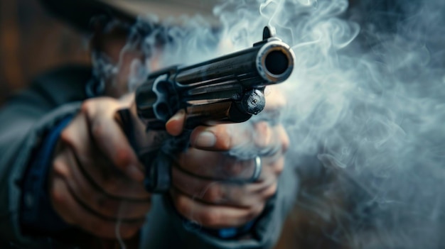 Photo a man is holding a gun and smoke is coming out of it