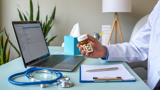 Photo a man is holding a jar of pills and a laptop computer