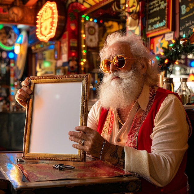 a man is holding a mirror and wearing sunglasses