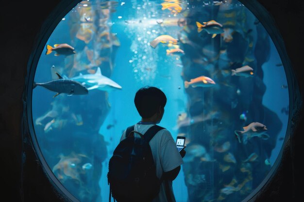 Photo a man is holding a mobile phone at the aquarium to search for information on marine life weekend a