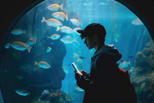 Photo a man is holding a mobile phone at the aquarium to search for information on marine life weekend a