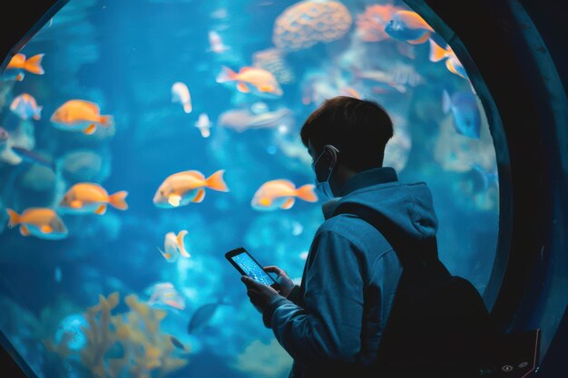 Photo a man is holding a mobile phone at the aquarium to search for information on marine life weekend a