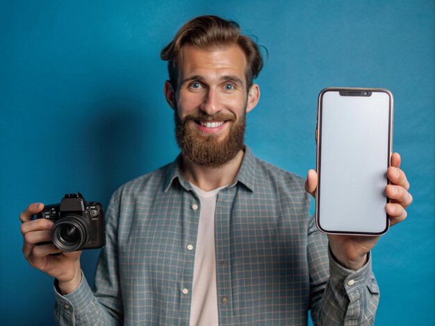 Photo a man is holding a mobile phone and showing a blank white screen